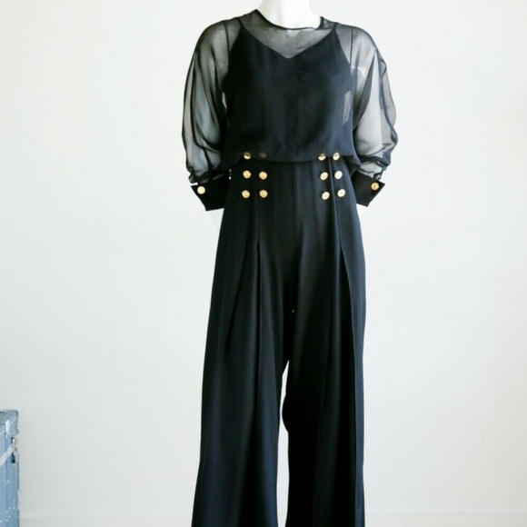 Unbranded | Vintage Pants - 90s Black Wide Leg Culotte Jumpsuit w Sheer Top